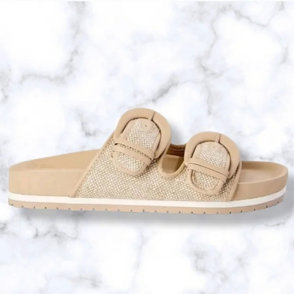 #466 New Women's Footbed Slides Sandals Flats Khaki Cream White Size 11 Shoes - Picture 2 of 6